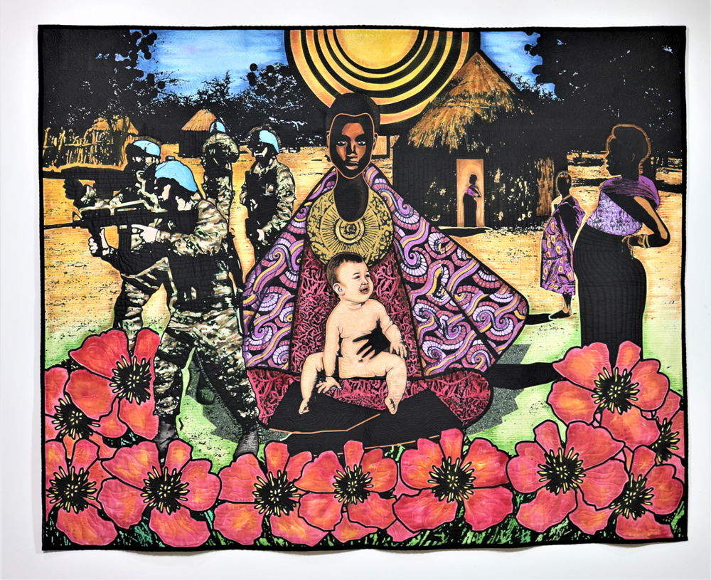 A Black African woman poses regally in printed draped attire, gazing forward, and seated with a white baby in her lap. In the backgound, other pregnant women and armed United Nations soldiers stand among cylinder huts with peaked thatched roofs. The image is cradled by an arch of large reddish-yellow flowers.