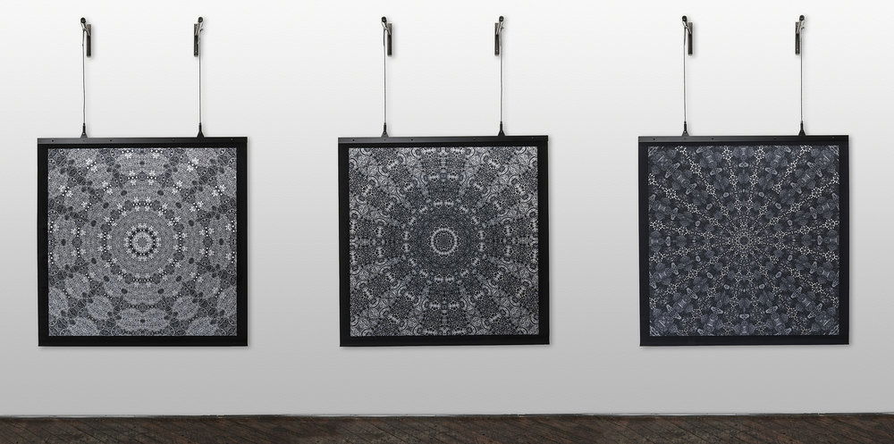 “Radials 1, 2, and 3”, 2014. Hand-cut and digitally printed cotton, aluminum armature, steel cable. Photo by Dan Meyers.