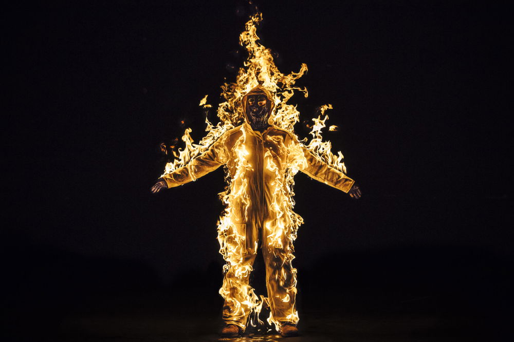 Inextinguishable Fire, live performance, National Theater, London, UK. Photo: Cassils with Guido Mencari at SPILL Festival of Performance, 2015. Produced by Pacitti Company.