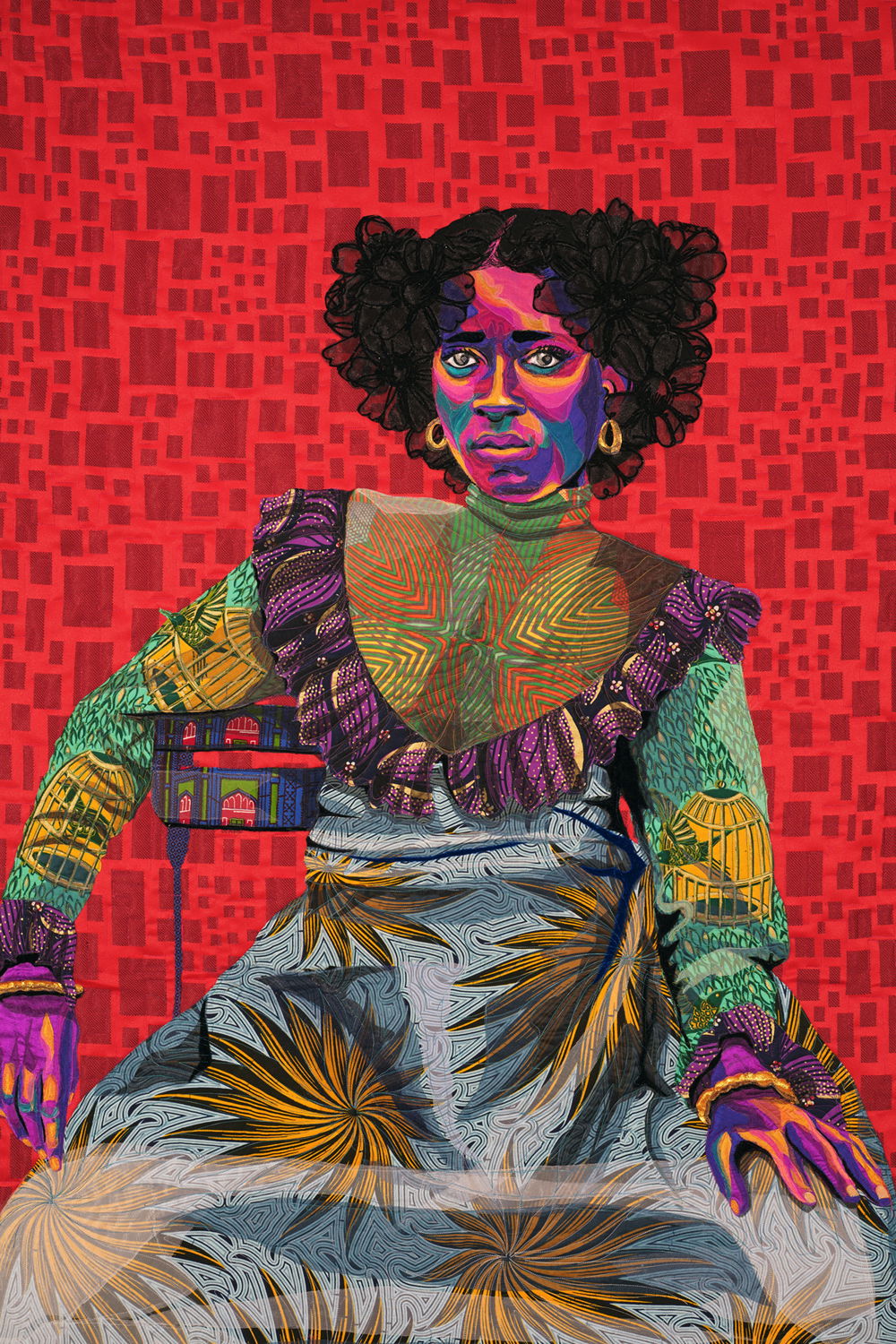 An African American woman sits back in a sleeved Victorian dress with black flowers in her hair, backdropped by a red geometric pattern. She gazes concernedly, her skin depicted with magenta, purple, teal, and yellow and her attire with vibrant, clashing patterns
