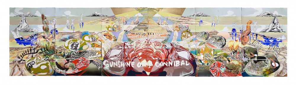 A long horizontal painting composed of rows and columns of smaller tiled images. The overall effect being an arid landscape full of a cacophony of images, which create the effect of a pyramid at the center of the scene. At the bottom of the pyramid lies disembodied hands and a skinless face with the words "Sunshine on a cannibal" written across the bottom.