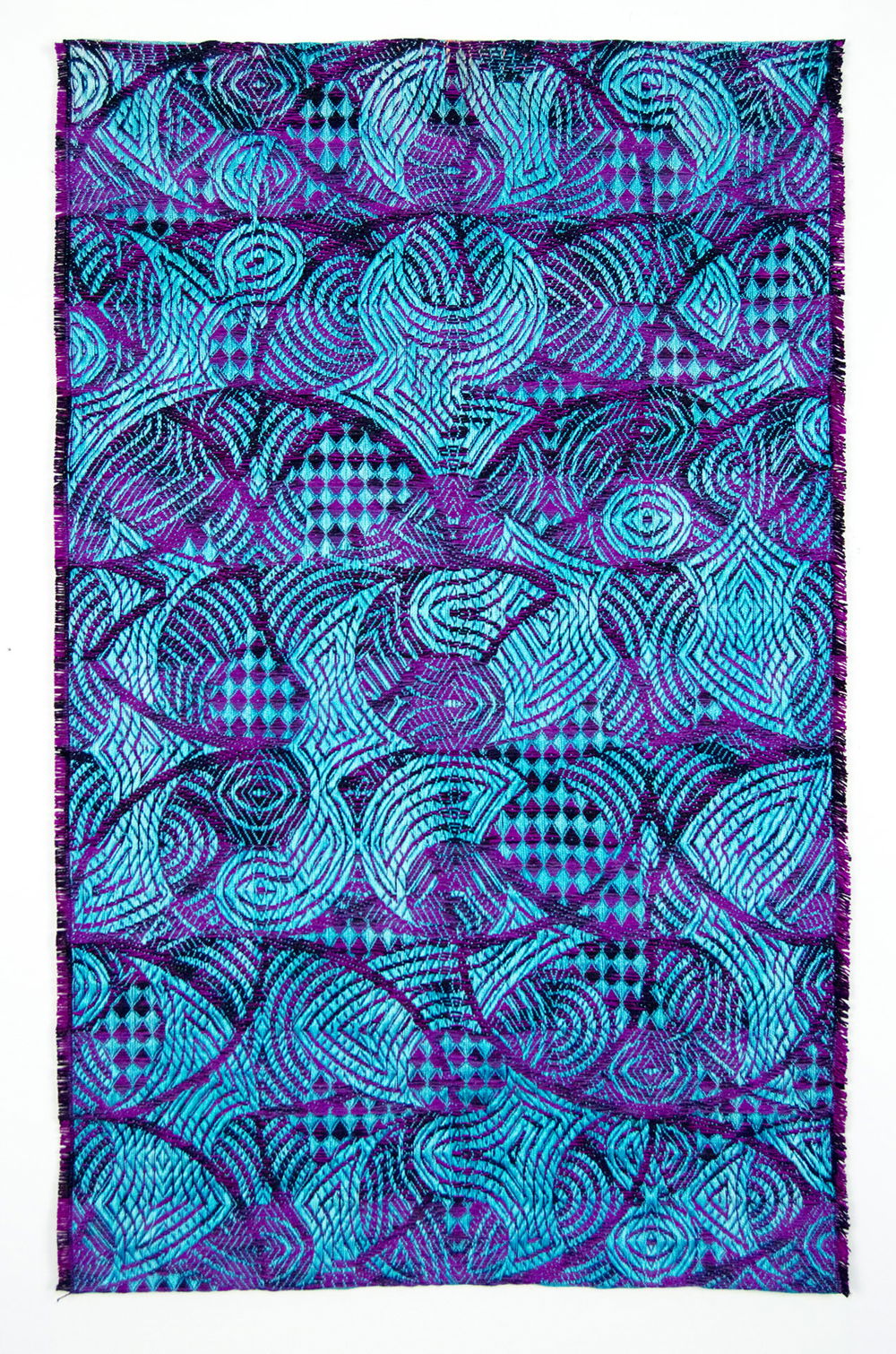 <em>#466B, Converging Paths: Turquoise</em>, 2018. Silk, linen, digital jacquard, hand woven TC2 loom, painted warp, shifted weft ikat, 45.5 x 28.5 inches. 	