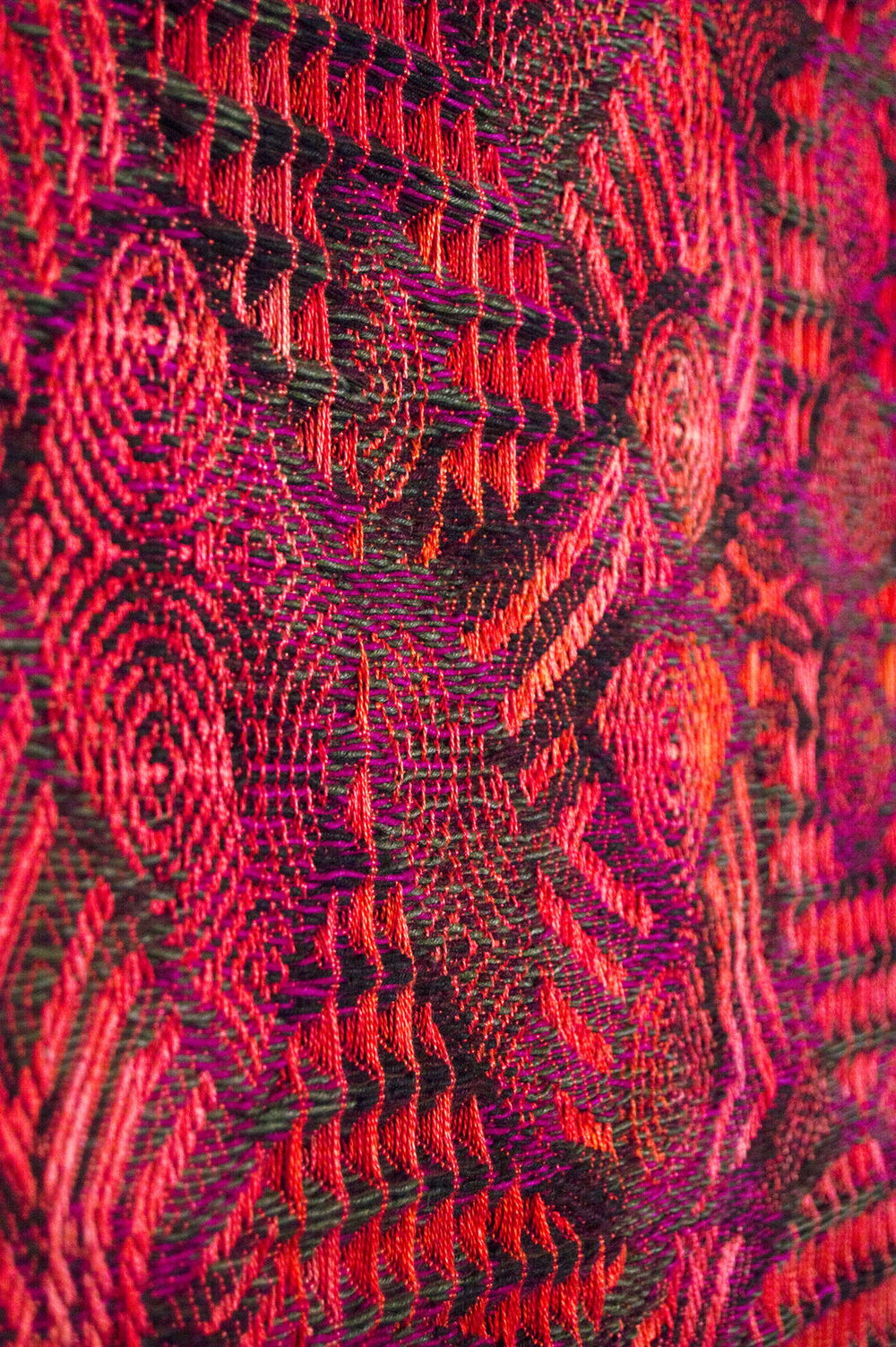 <em>#467, Red Night Sky</em> (detail), 2018. Silk, linen, digital jacquard, hand woven TC2 loom, painted warp, shifted weft ikat, 60 x 57.5 inches. 	