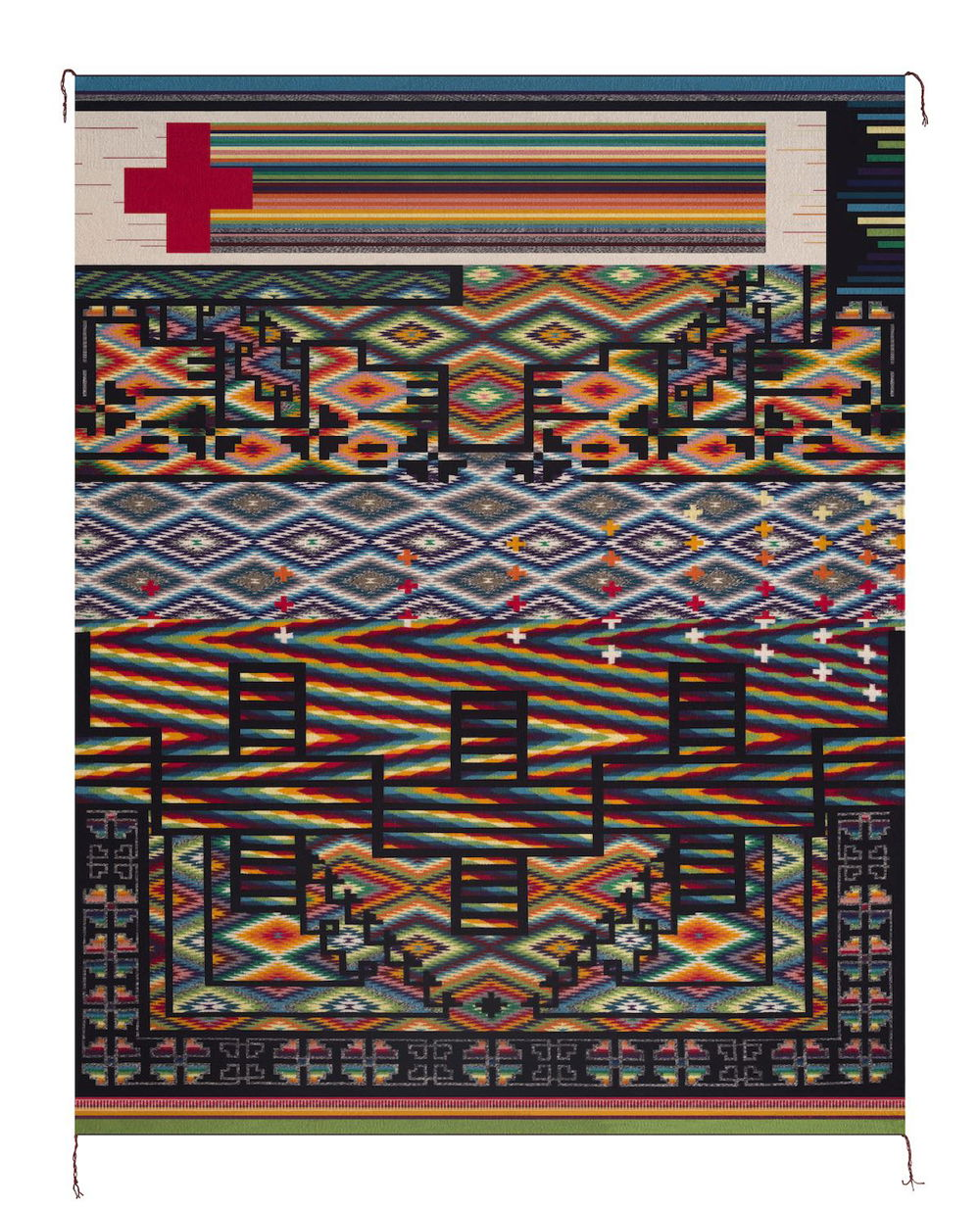 A vertical wall hanging covered in clashing geometric patterns. Thick black lines, resembling architectural blueprints, as well as more traditional designs, are superimposed atop a bright spectrum of colors and patterns beneath.
