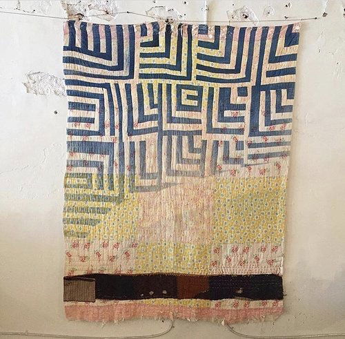 <em>Sunset Quilt</em>, 2017. Spray paint, cotton, embroidery thread, Victorian Crazy Quilt.