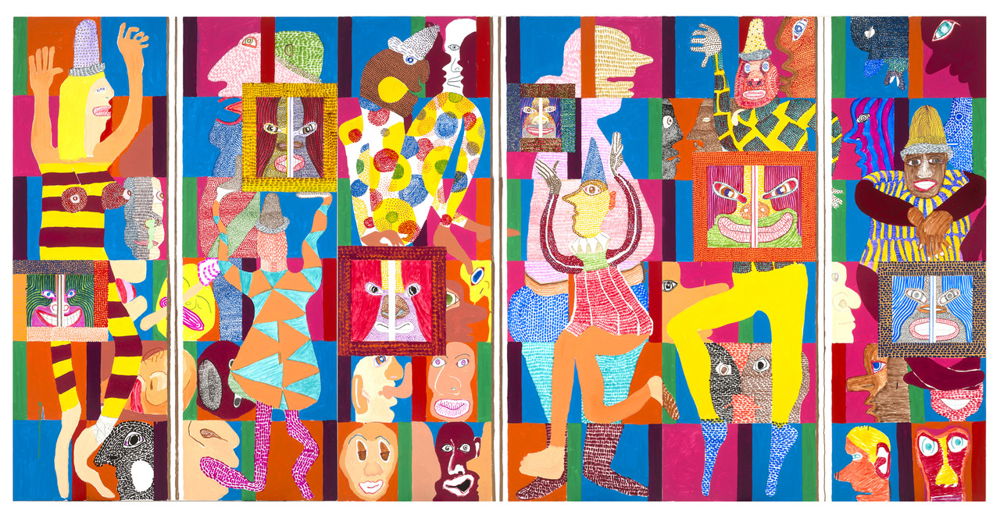A painting comprising four sections. Brightly-colored, cartoonish figures dance and run with their arms held high, some wear strange, tall hats. Each section is also filled with colorful square segments with abstracted faces inside.