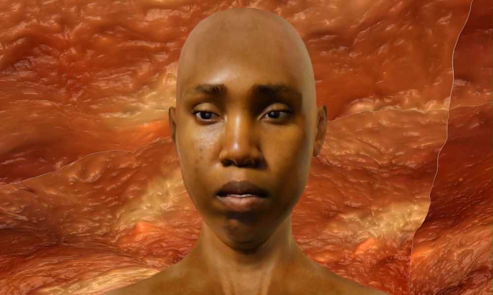 A CGI depiction of a bald Black woman stares outward looking past the viewers. Her mouth is slightly open, and the image is cropped just above her shoulders. Behind the figure is an abstract orange background resembling cracked amber.