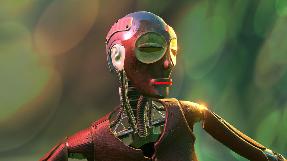 A rendering of a CGI robot, pictured from the shoulders up and looking off camera, stands against a blurry green background. The facial features resemble a carved mask, with a stylized mouth and eyes, while the exposed neck reveals various wires and cables inside.