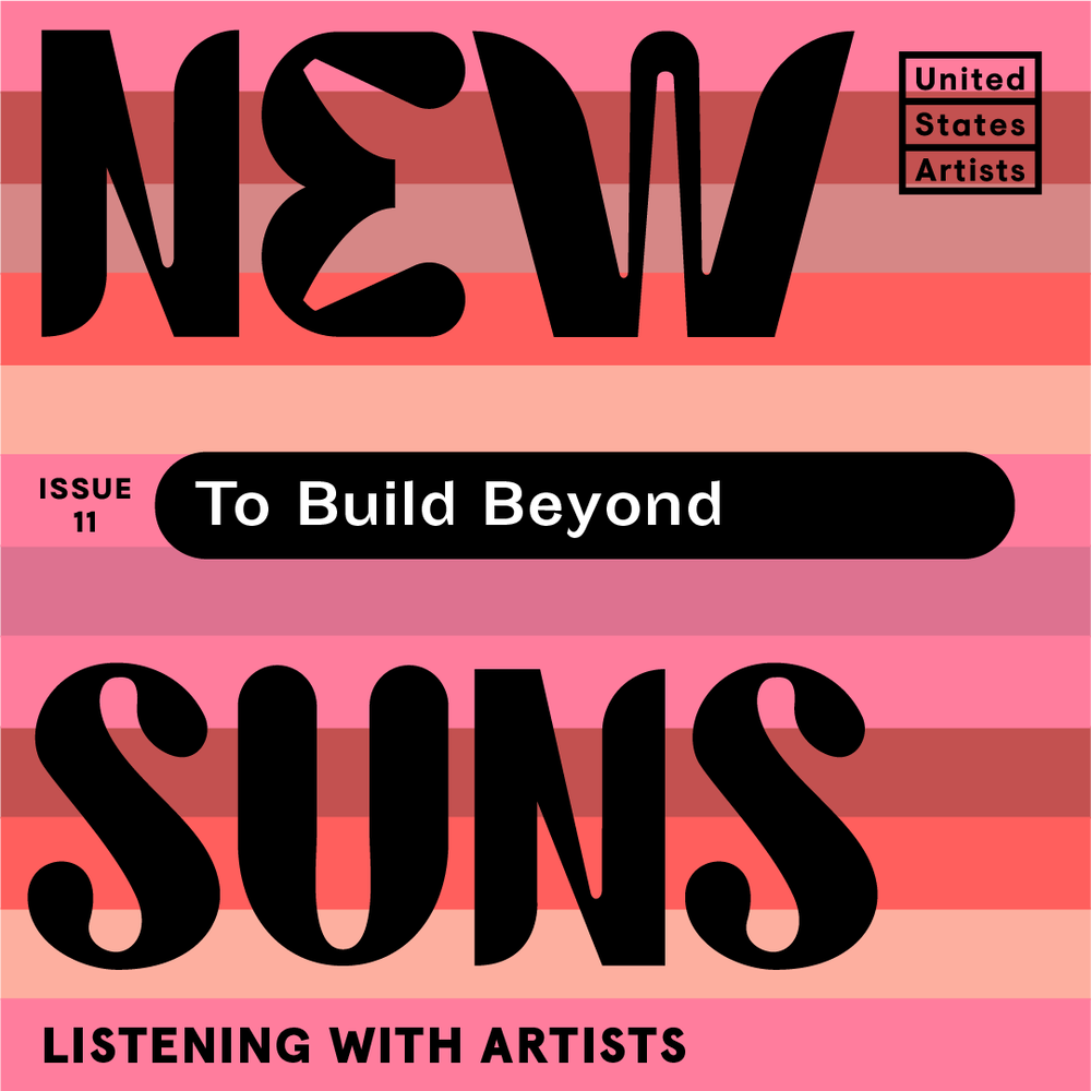 New Suns To Build Beyond is written in funky black text on a sunset-colored, striped background.