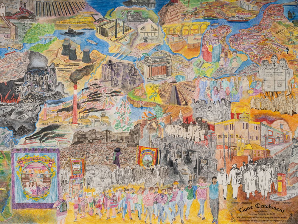 A large-scale drawing full of intricate detail and vibrant color that depicts a map of a river area with events and locations illustrated in larger-than-life scale, including factory buildings spewing smoke, roadways, farmers, and groups of people marching or posing together.