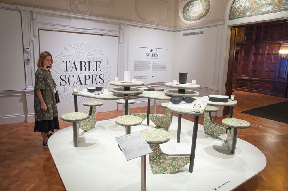 <em>Tablescapes</em> by Mary Ping and Joe Doucet, 2018. ReWall board of pressed paper tetra pulp with 3D printed resin; tableware by Joe Doucet, dimensions variable. Installation at Cooper Hewitt Smithsonian Design Museum, New York.