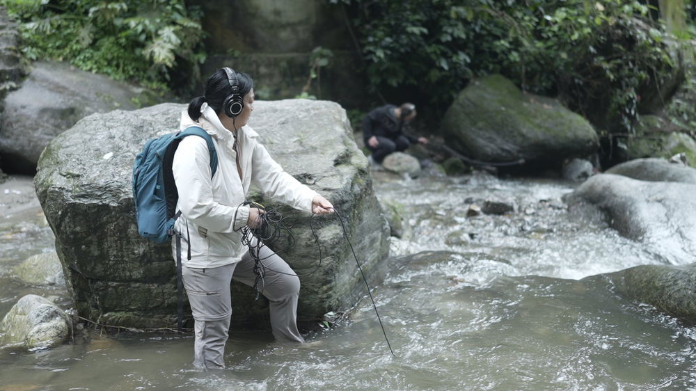 Woman in white rain jacket and backpack holding taut an aquaphone recording a running brook in a mountainous forest.