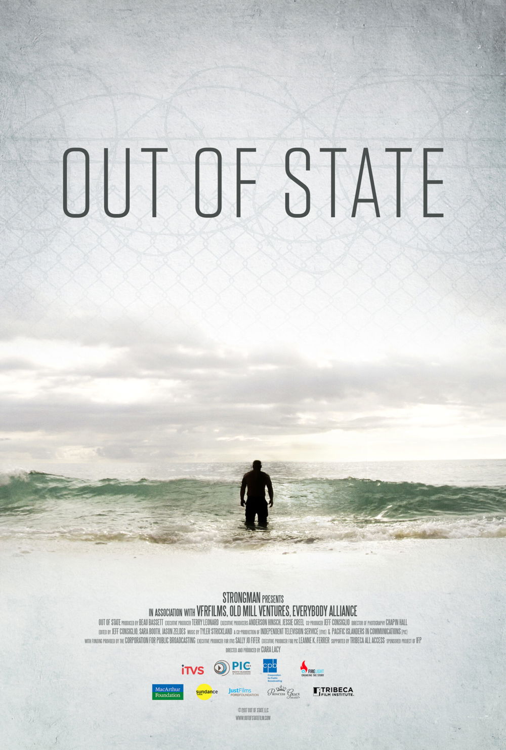 A movie poster featuring a figure, seen at a distance, standing in the ocean with water coming up to their knees. The figure is backlit; their dark silhouette contrasts with the ghostly gray sky and pale-green waves.
