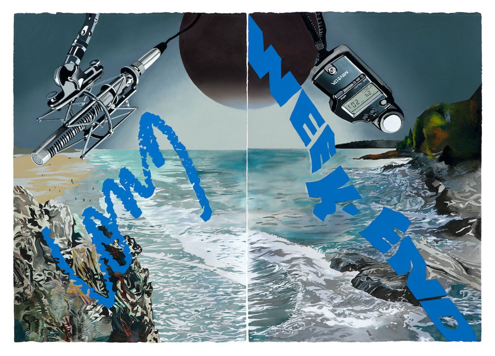 A diptych of a seascape; gentle waves crashing over a rocky terrain. From the left panel to the right the words “Long Weekend” are written in blue in the shape of an upturned arrow. An injector and light meter float in the sky on either side of a dark orb in the sky.