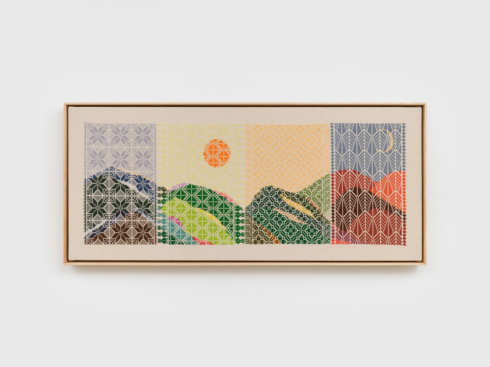 An image in four panels. Each panel uses abstract geometric shapes to create a graphic image of a mountain range. The shift in pattern and color in each panel give the illusion of the passage of time from day to night.