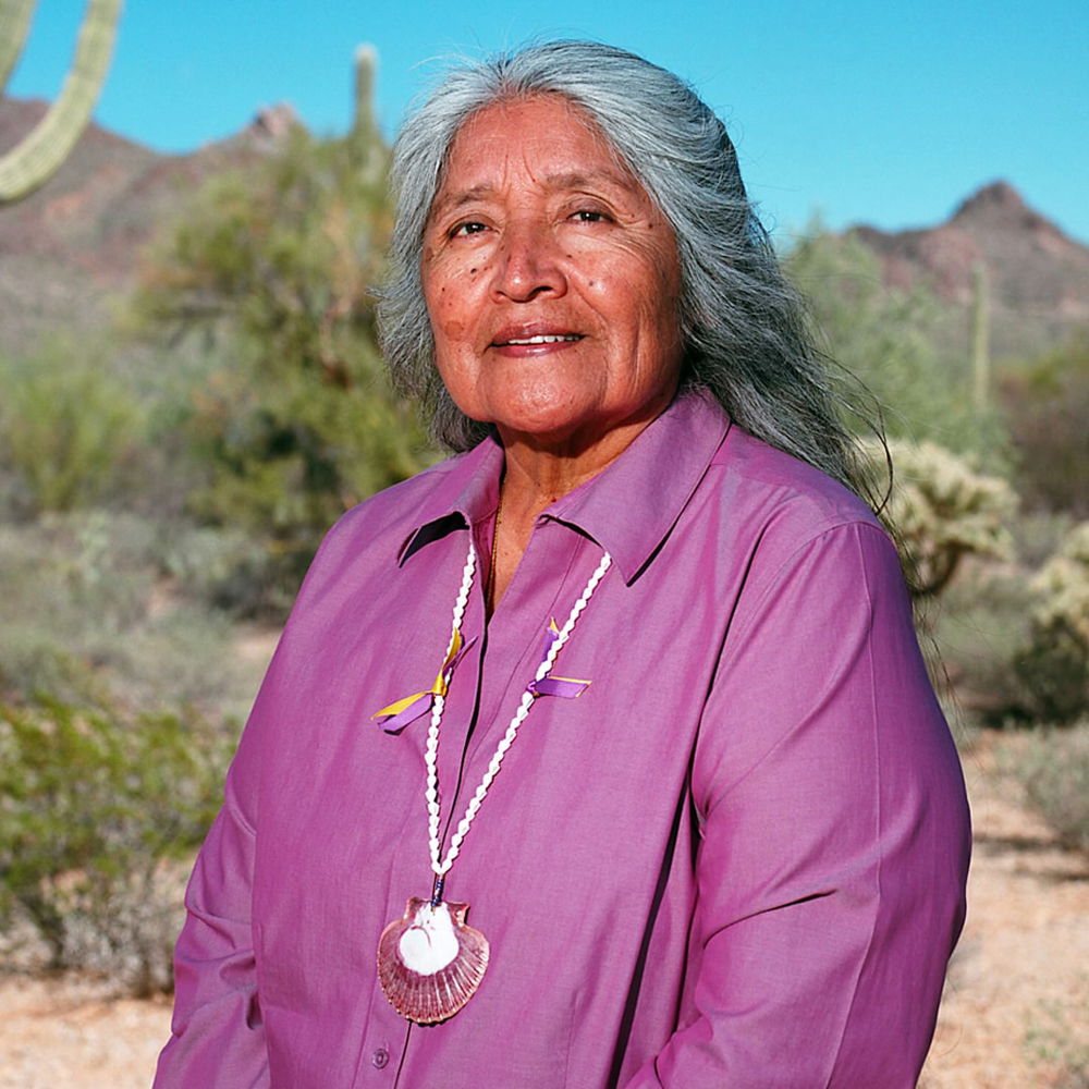 A Native American woman with gray hair, brown skin, and dark eyes poses wearing a light purple-colored blouse with a necklace of seashells. Desert mountains are in the distance behind her, along with a saguaro cactus, brush, and trees.
