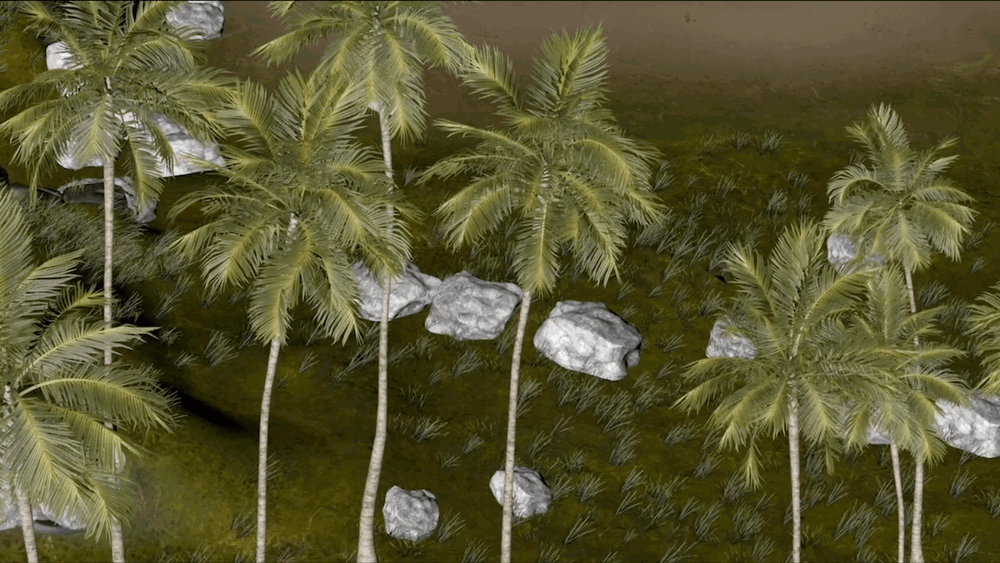 Virtual reality graphic still, looking down on a natural environment of palm trees, grasses, and rocks in muted greens.