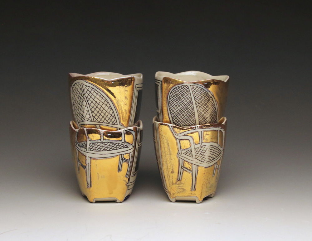 Stacking Chair Cups, porcelain with black inlay slip and gold luster, wheel thrown and altered, 2 x 2 x 3 inches, 2016.