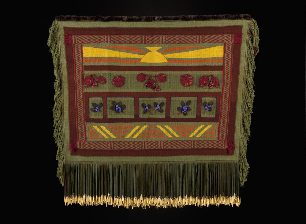 <em>Berries on Sunshine Mountain</em>, 2009. Thigh spun merino yarn warp and factory spun merino weft yarns, embellished with sea otter fur at top, glass beads made by glass artist John Svenson, berry beads include some sand from Sunshine Mt, dimensions 40 × 46 inches, including 10 inches of fringe.