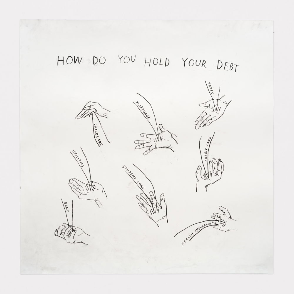 A black-and-white line drawing with the words “how do you hold your debt” written at the top. Outstretched hands are placed around the background, each one has a banner coming out of the palm with the words “childcare, mortgage, taxes, utilities, student loans, credit card, and health insurance.”