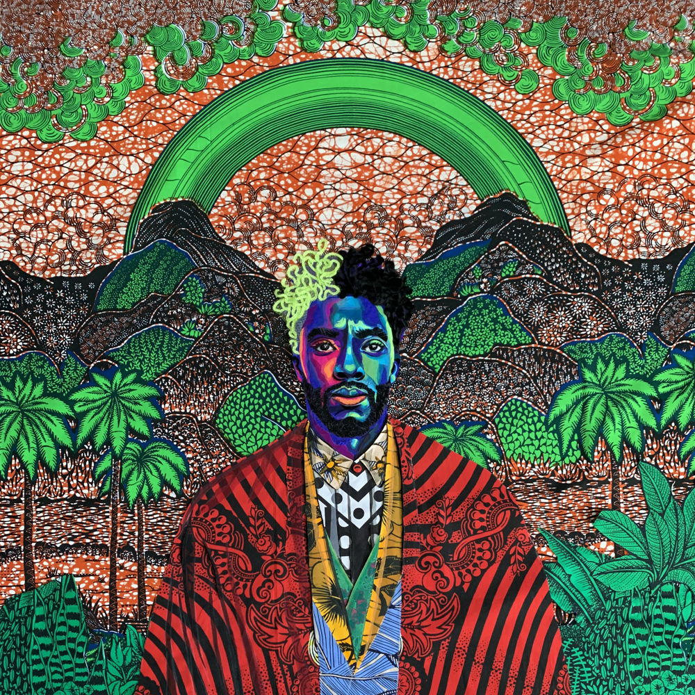 Chadwick Boseman, a bearded African American man with mid-length hair, stands regally, hands clasped, gazing forward. His skin is depicted with blues, greens, reds, and yellows, his hair is split down the middle between thick black and lime green coils, and he wears a printed red shawl draped over layered, clashing patterns. Green palms, black mountains, and an orange sky fill the background. A green arch forms over the mountains and above Boseman.