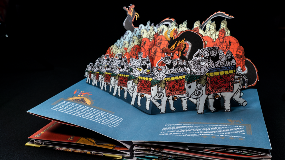<em>Zahhak: The Legend of the Serpent King</em>, published by Fantagraphics Books, 2018. Pop-up book retelling an ancient myth from the <em>Shahnameh</em> by Ferdowsi. 9 pages, 10 spreads, 15 mechanics.