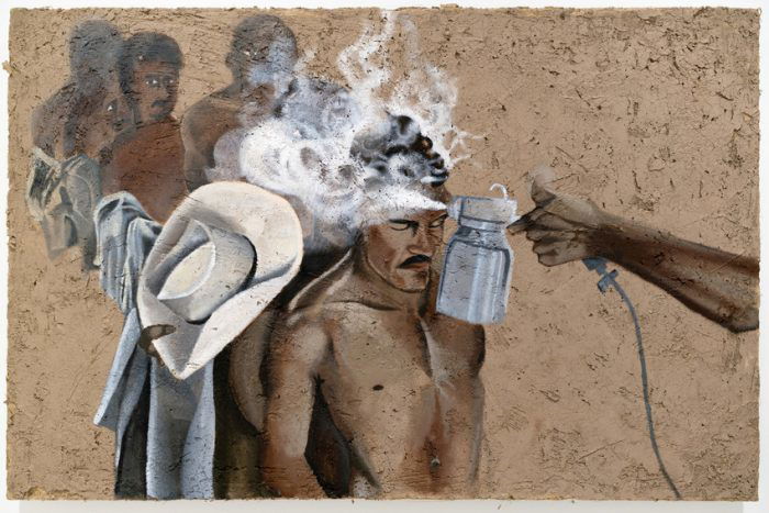 A number of men stand in line, naked from the waist up and holding their shirts and hats on their arms, while a hand from the right side of the panel sprays them with a cloudy substance from a bottle.