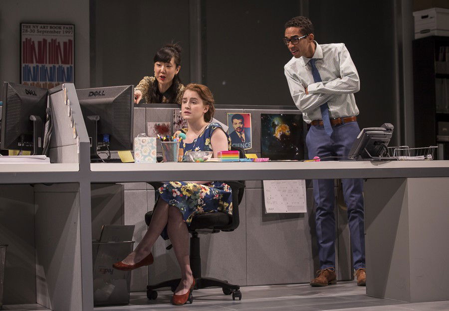 Jennifer Kim, Catherine Combs, and Kyle Beltran in <em>Gloria</em>, 2015. Goodman Theatre.