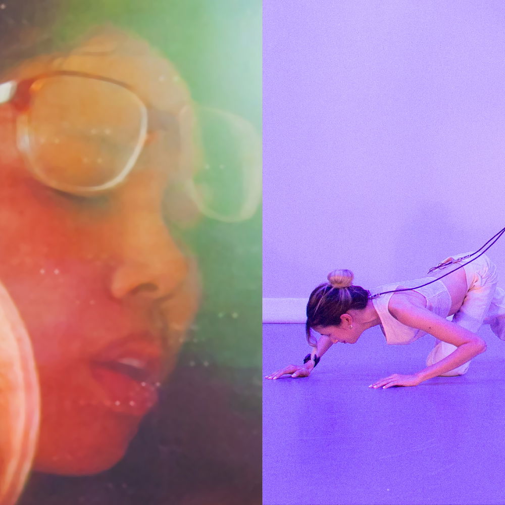 A composite image of work details by Trisha Baga and Yo-Yo Lin. On the left is a zoomed-in, saturdated film still of Trisha's sleeping face. On the right, Yo-Yo crawls along the ground of a studio bathed in lavender light, with a cable connecting them to the studio's ceiling.