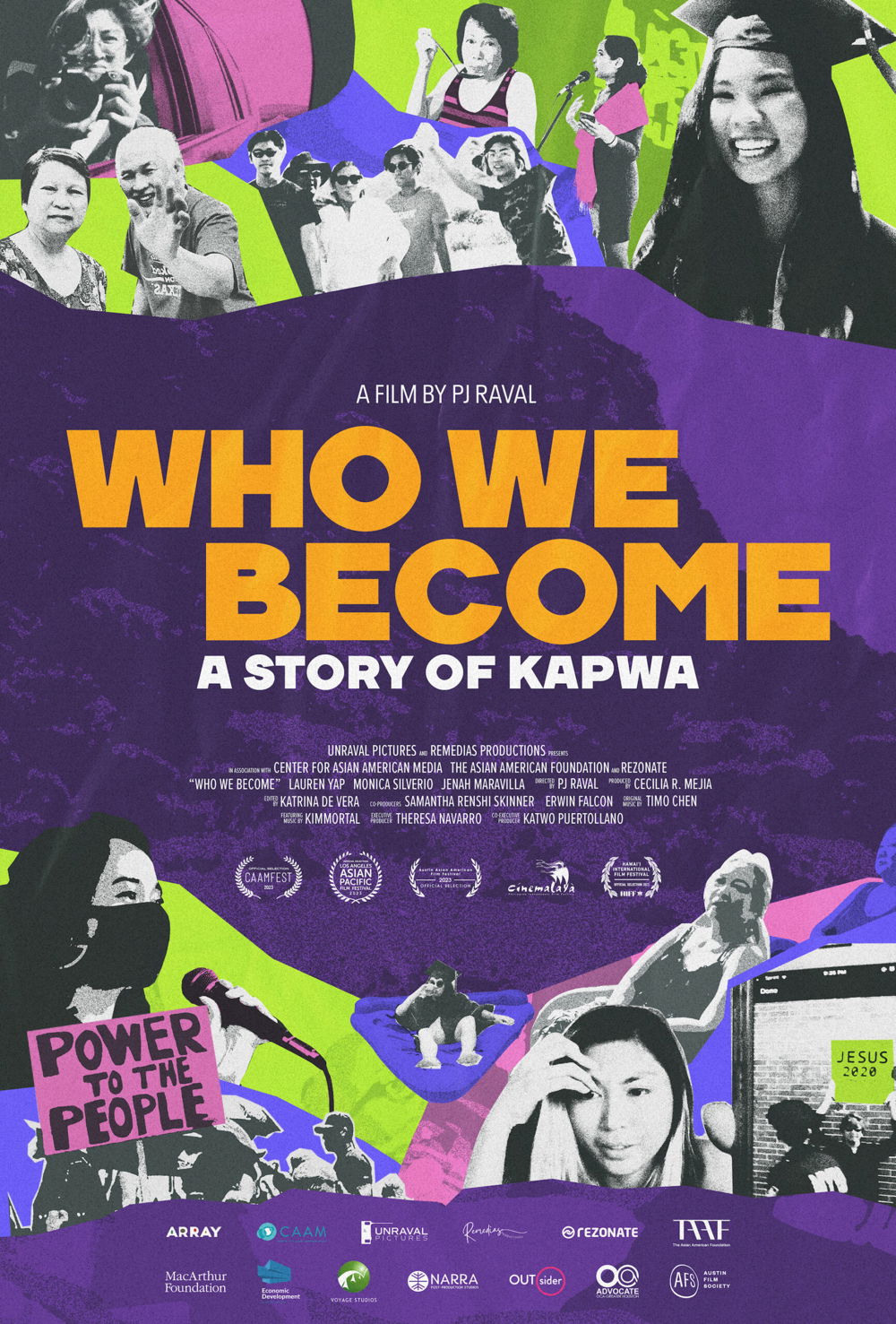 A colorful promotional poster with a purple background and cropped photographs of young Asian American women and their families framing the title of the film, which is centered on the poster in bright orange and white lettering. It reads, "WHO WE BECOME: A STORY OF KAPWA.