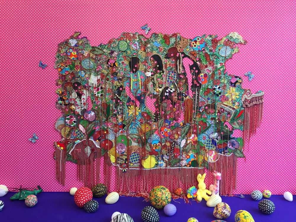 ....love....(when they grow up), mixed media, handcut, jacquard photo tapestry with glitter, trim, rhinestones, embellishments, beads, toys, and handcast fabric balloons, variable dimensions, 2016. Installed at the 32nd São Paulo Bienal, Live Uncertainty, São Paulo, Brazil.