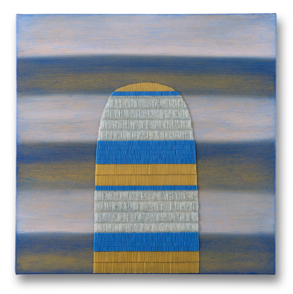 <em>Untitled (Blue and Gold)</em> by Dyani White Hawk, 2016. Oil, acrylic, antique beads, thread on canvas, 20 × 20 inches.