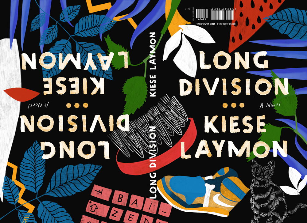 A book cover depicts various colorful illustrations, including a cat, a sneaker, a brush, and plant leaves, against a black background. White text reads, "Long Division by Kiese Laymon."