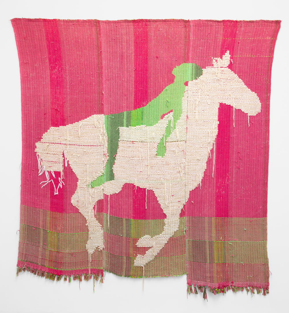 A green figure rendered in variegated stripes reclines on the back of a white horse mid-gallop against a red sky. The ground is composed of alternating red and green interpenetrating blocks of color.