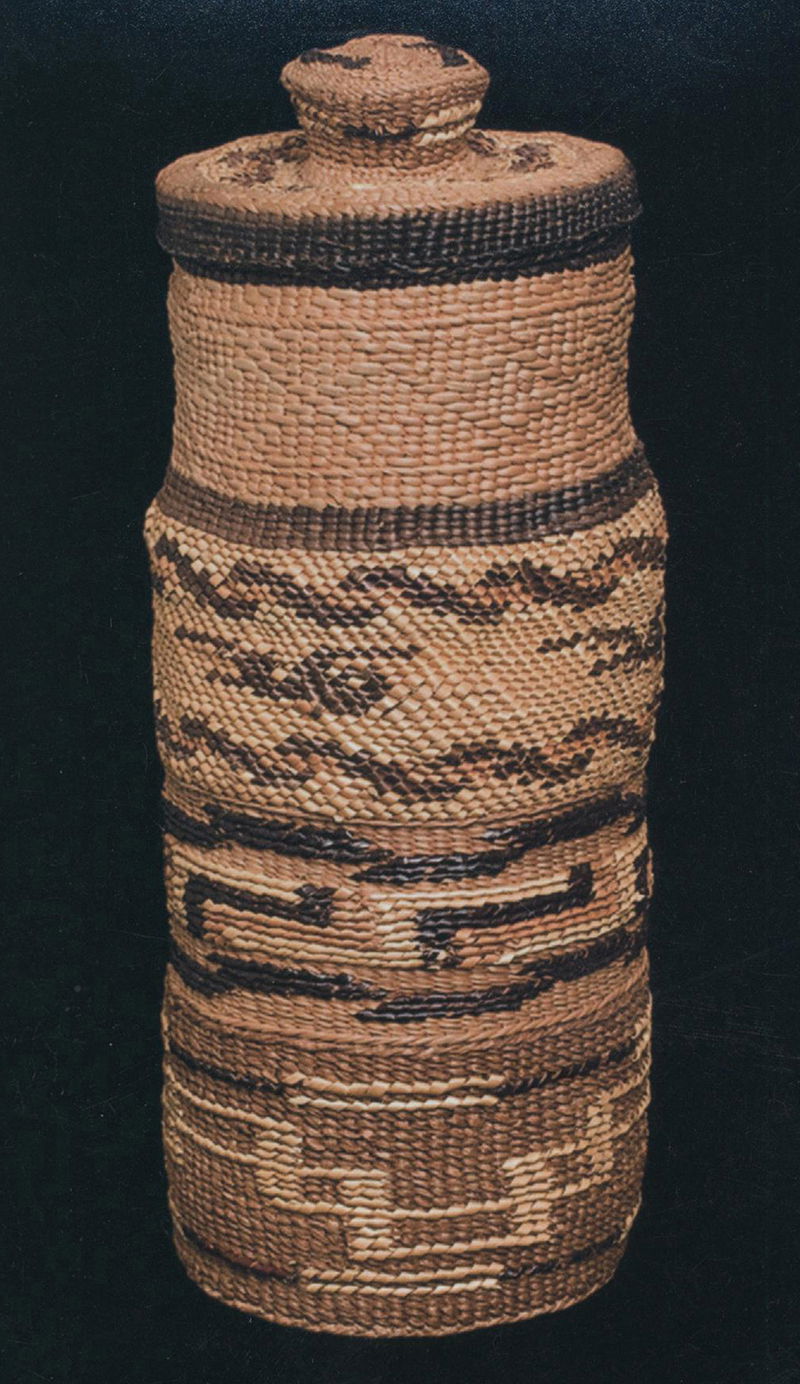 <em>Tsimshian Style Basket</em>, 1979. Red cedar, canary grass, maidenhair fern. Basket represents the weaving styles of four  different Nations (from top to bottom): Haida, Coast Salish, Tlingit, and Tsimshian.