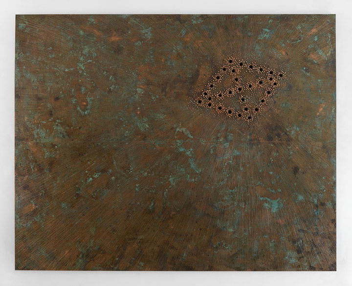 <em>Breathing Panel; Oriented Right</em>, 2015. Copper sheets, darkening patina, copper nails, dimensions, 96 × 120 inches.