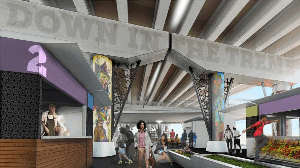 A digital architectural rendering of a bustling marketplace underneath an overpass. The computer-generated people tend to their booths, shop, socialize, and skateboard. Faint text reads "Down in the Treme."