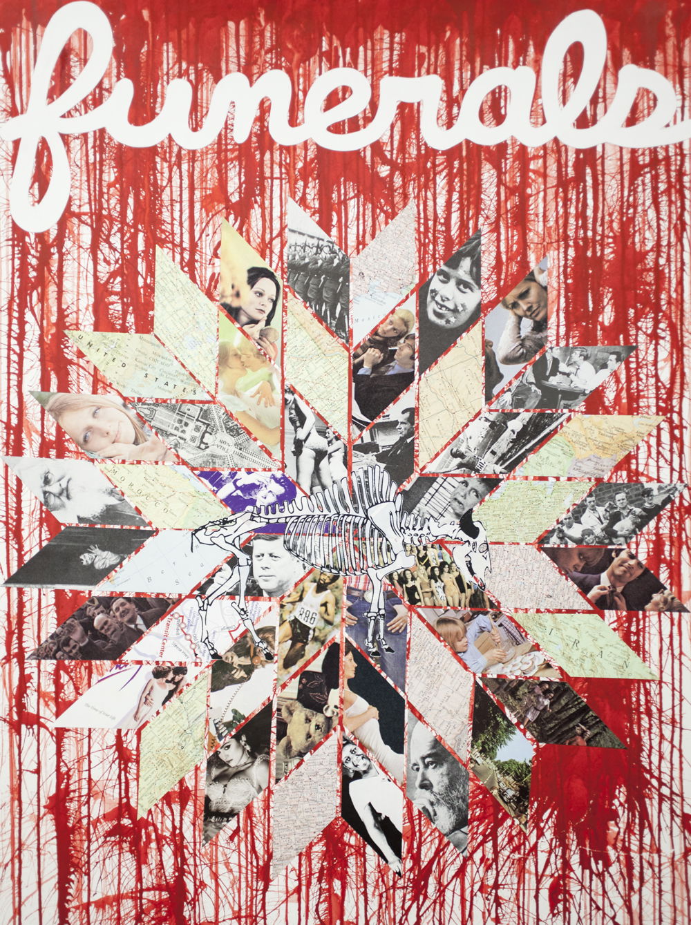 A multimedia collage composed of images of people, maps, and buildings cut into diamond shapes and arranged into an 8 pointed star that radiates outward. At the center of the star is the skeleton of a buffalo. The background is red splattered paint. The word “funerals” is painted in white cursive at the top.