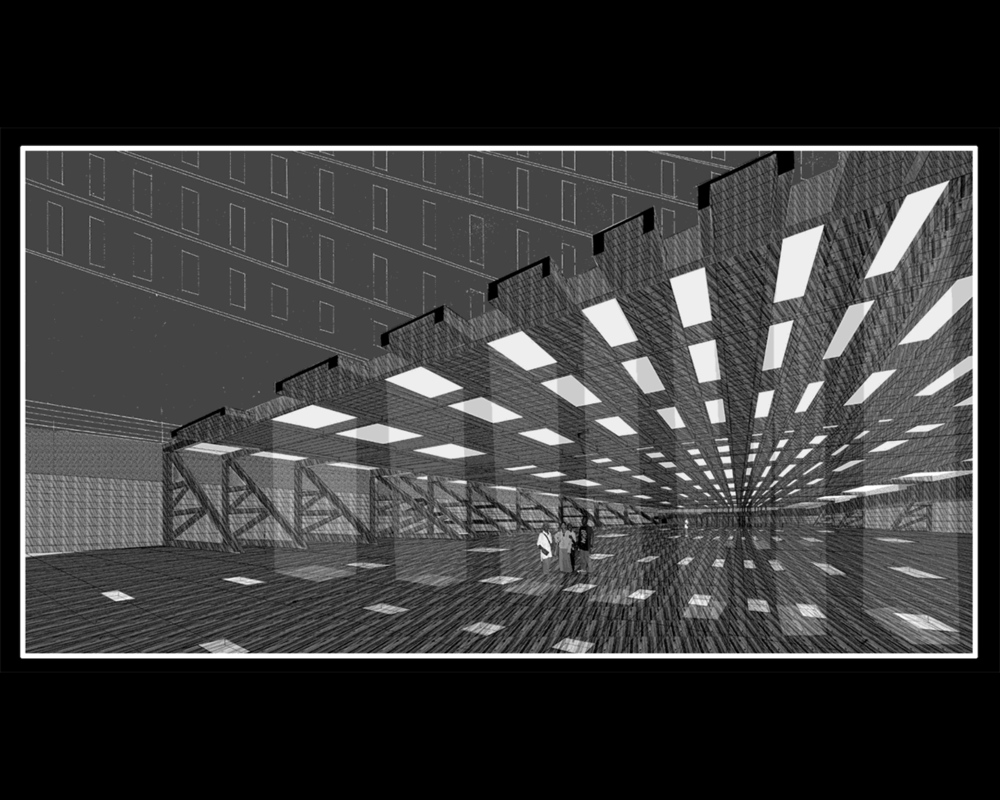 A grayscale digital rendering of an industrial interior. The interior is long and rectangular and empty except for a few figures milling about. Hundreds of light-colored boxes line the ceiling in a grid formation, indicating some sort of light source