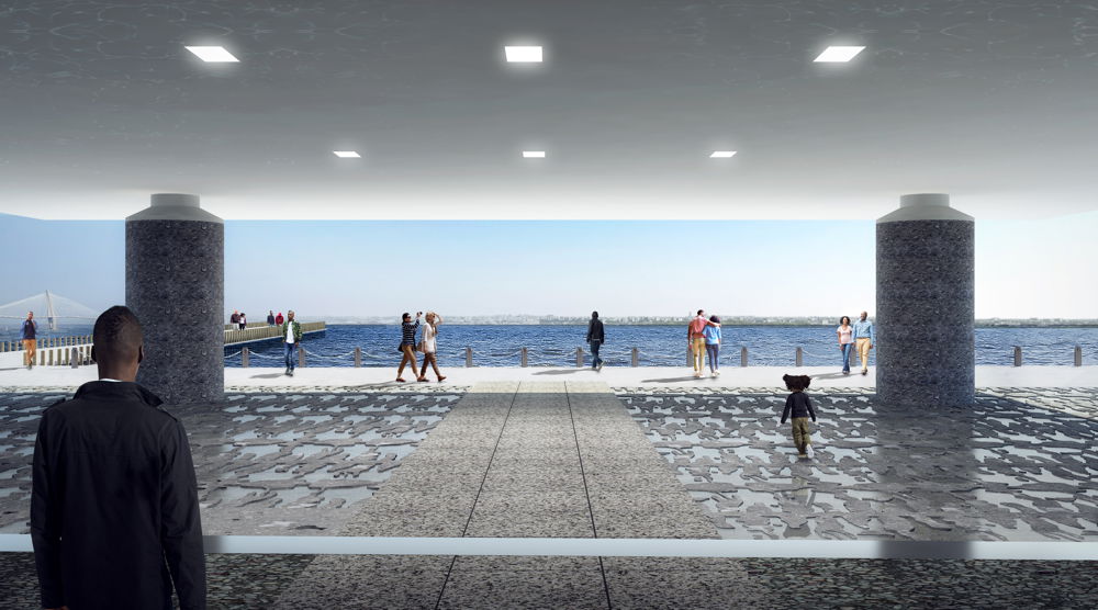 A digital rendering of an outdoor plaza made of cast concrete opens out onto a harbor lined with pedestrians taking a daytime stroll.