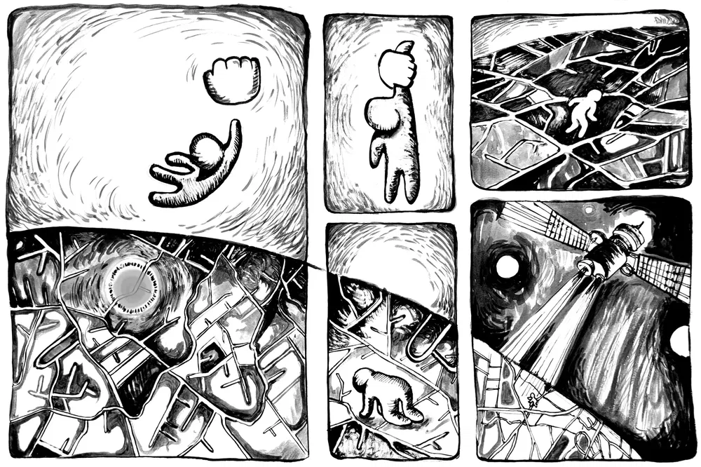 A five-panel black-and-white comic strip depicting Pegman, the avatar from Google Maps, dangling from one arm as it is lifted into the air and then dropped onto a grid-like landscape.