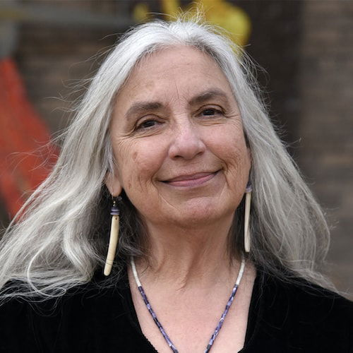 A headshot of a woman of the Oneida Nation of Wisconsin. She looks directly at the viewer and smiles. Her long silver hair falls past her shoulders. She wears earrings and a necklace made of Wampum, crafted from the shells of the Quahog clam.