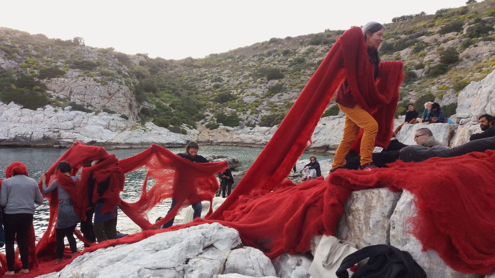 <em>Beach Ritual</em>, 2017. Performance, raw wool, dimensions variable. Vougliameni coast near Athens, Greece.