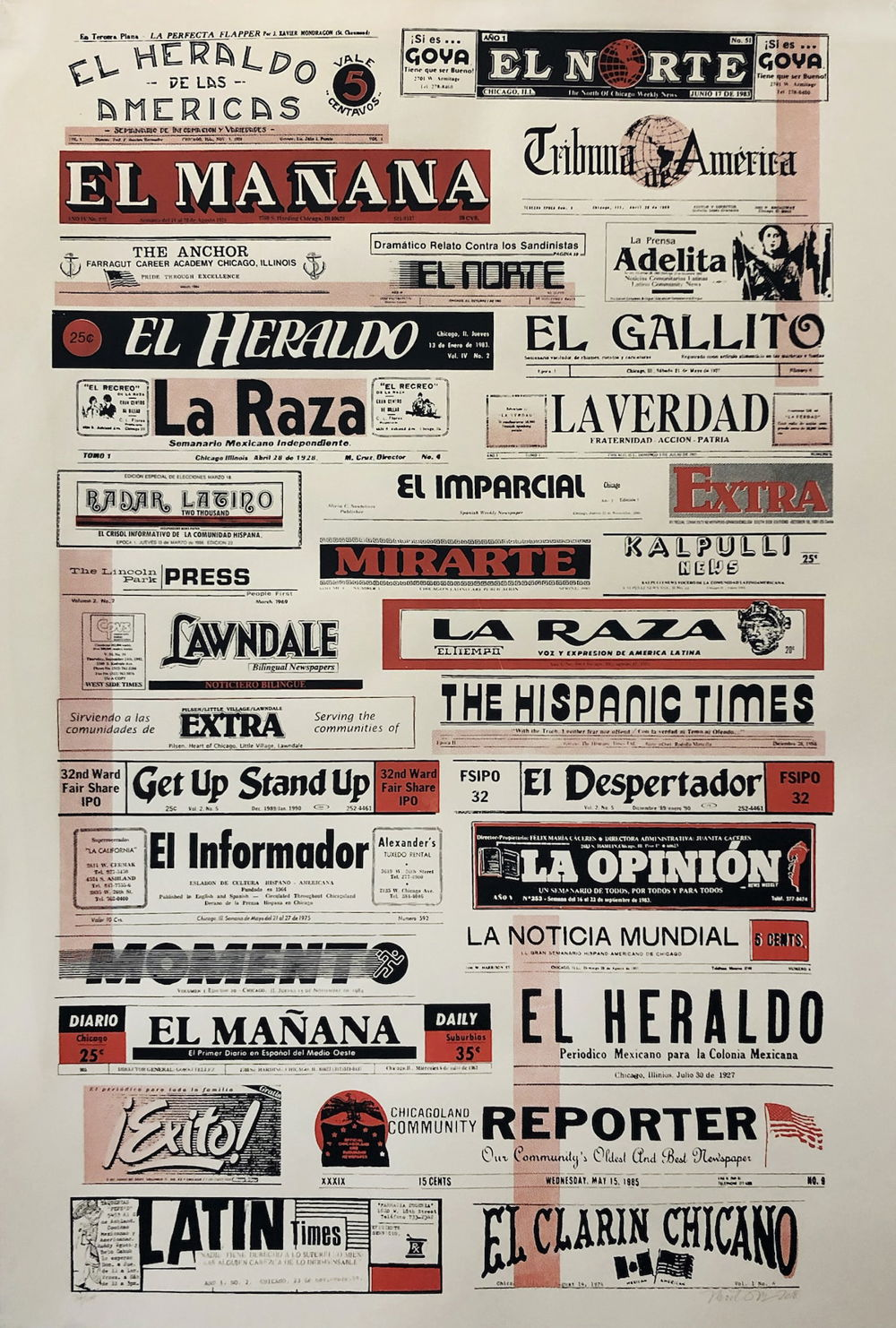 An image of two uneven rows displaying the name plates of various publications such as "La Raza," "El Manana," and "The Hispanic Times." The typography and sizes vary, but all of the letters are printed in black and red on a white background.