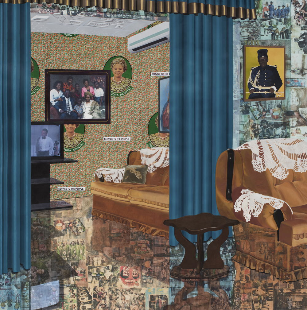 A parlor with two adjacent rooms with printed walls and matching caramel couches. Photos of a Nigerian family and Nigerian soldier hang, and one room's walls have a portrait of Dora Akunyili, a Black woman in a formal headwrap and jewelry, and the phrase SERVICE TO THE PEOPLE repeated in a pattern.