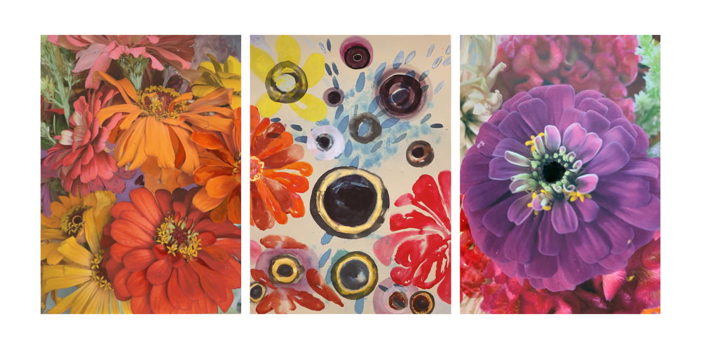 An artwork featuring three panels. Two panels depicting red, yellow, orange, and purple flowers are placed on either side of a panel featuring eyeballs of different colors and sizes.