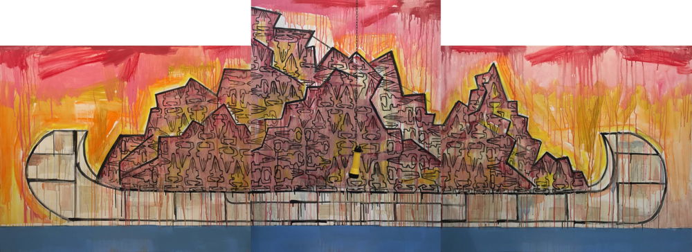 <em>Trade Canoe with Bison</em>, 2018. Acrylic on canvas, dimensions 60 × 160 inches.