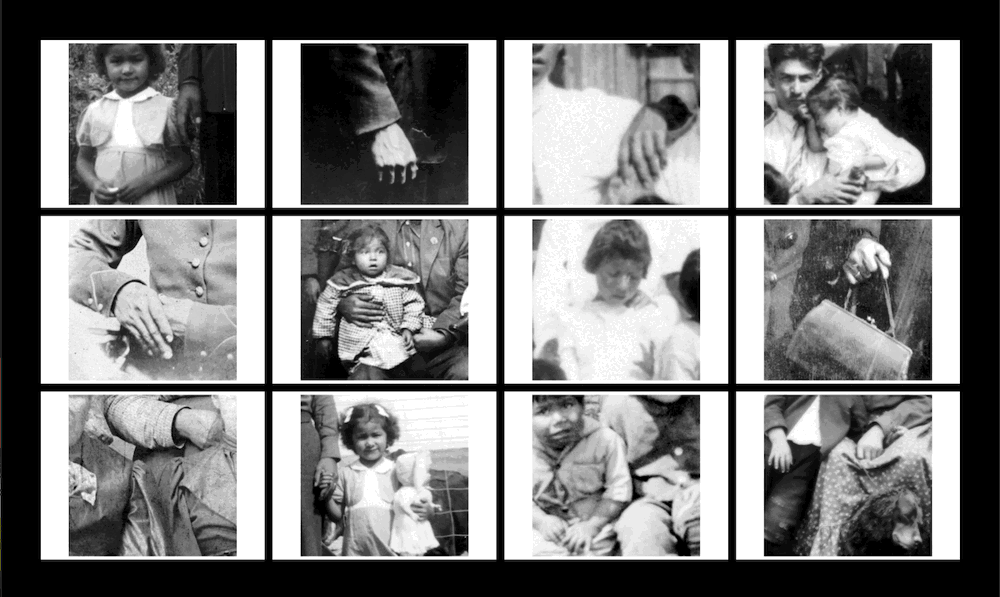 Composite of a grid of vintage-appearing black-and-white photographs, arranged in three rows of four columns. The snapshots feature people holding young children, close ups of hands and faces.