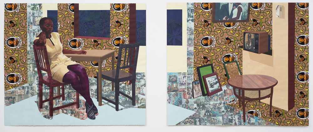 In a room extending across a diptych, a pensive Black woman sits at a table surrounded by surfaces patterened with portratist of Black people. The woman has short hair and wears a yellow dress and heels.