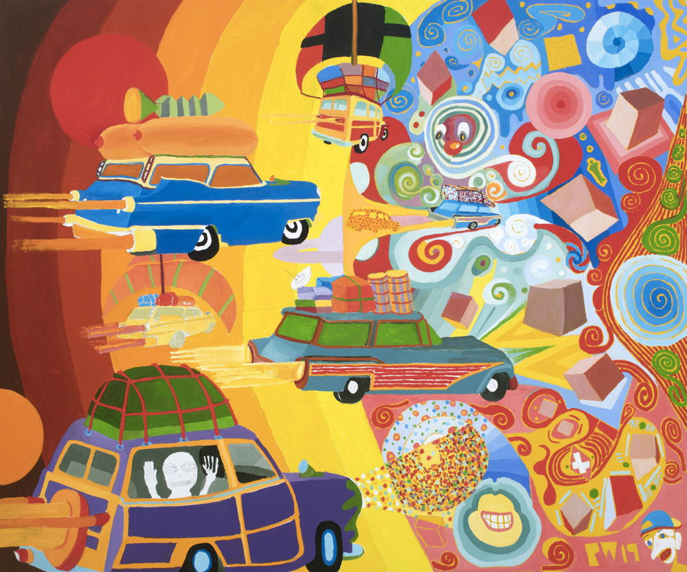 Cars fly across the canvas, over concentric fields of red, orange, and yellow, as if descending from space to land on a planet. The destination of the cars is a colorful region full of bright geometric shapes and spirals.